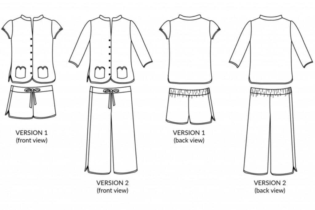Illustration of Nina Lee's Picadilly Pyjamas. Version 1 features a long-sleeve top with pockets and pants, front view. Version 2 includes a short-sleeve top and shorts, shown in both front and back views. Both sets boast a casual style with simple design elements.