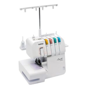 A white Brother Lock 1034DX serger sewing machine, perfect for any craft blogger, features colorful tension dials and a thread stand. With markings indicating stitch options and functions, its elegantly positioned on a pristine white surface.