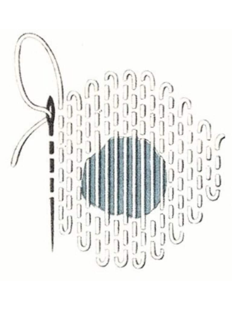 A vintage-style illustration showing the first step of darning: vertical stitches laid over a hole in fabric.