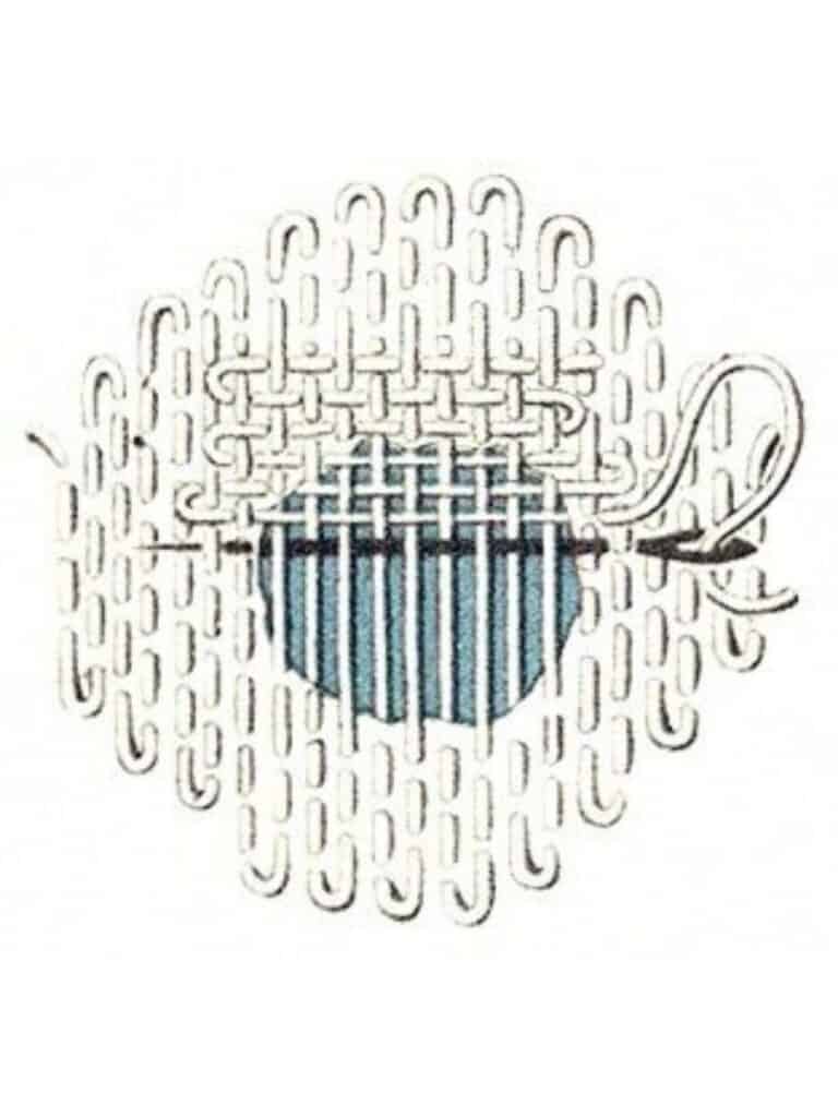 A vintage-style illustration showing the second step of darning: horizontal stitches woven through the vertical ones.