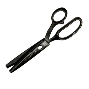 A pair of black pinking shears, a must-have in my favorites, features LDH Scissors engraved on one blade. With smooth, ergonomic handles and slightly serrated edges, they are partly open against a white background.