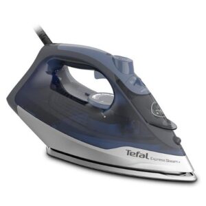 The sleek gray and silver Tefal Express Steam iron, featuring a transparent water reservoir and smooth stainless steel soleplate. The brand logo and model name are prominently displayed on the side.