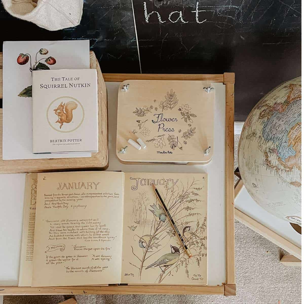 A table filled with home education materials in the UK, including a flower press, Beatrix Potter book, nature book and globe.