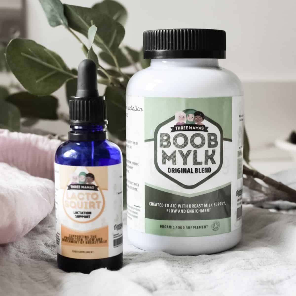 Two containers of breastfeeding supplements sit on a table: a blue dropper bottle labeled Lacto Squirt and a white jar labeled Boob Mylk Original Blend, both Natural Breastfeeding Supplements by Three Mamas.