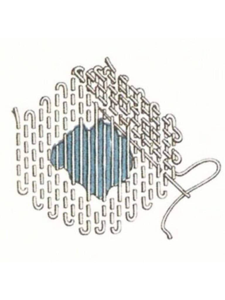 A vintage-style illustration demonstrating an advanced darning technique, with a diagonal woven pattern reinforcing a larger hole.