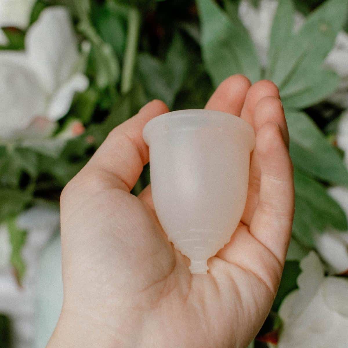 A hand holds an ivory-colored menstrual cup, symbolizing an eco-friendly period, set against a lush backdrop of green leaves and white flowers.