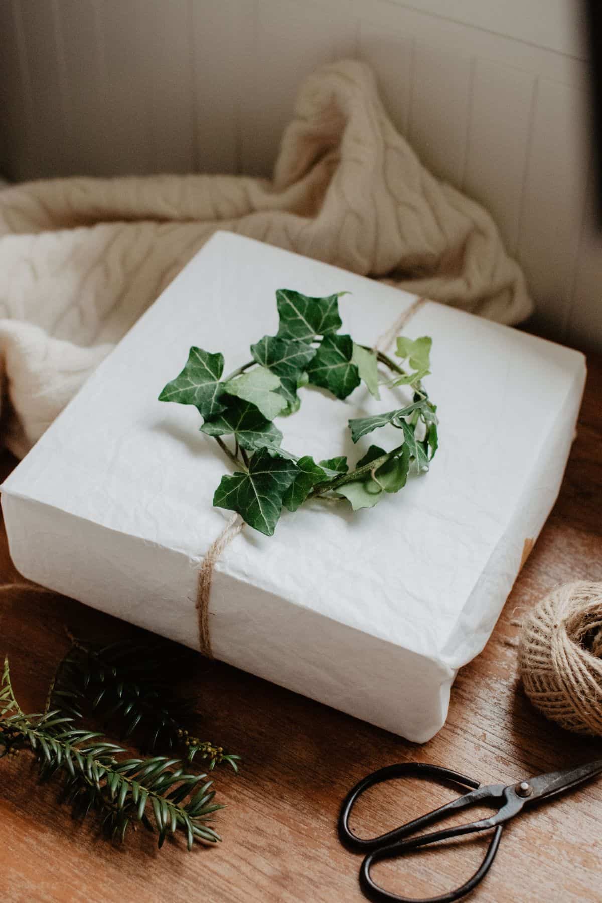 A white gift box wrapped with twine sits on a wooden surface, embodying the charm of eco-friendly gifts. A wreath of green ivy adorns its top. Nearby, find a sprig of evergreen, a ball of twine, and black scissors resting against textured beige fabric—a perfect tableau for an eco-friendly guide.
