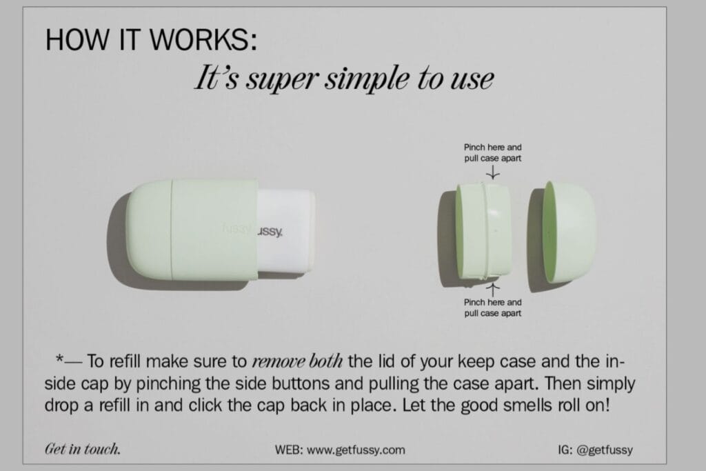 An instructional diagram shows how to use fussy deodorant. It includes steps for removing and refilling the case.