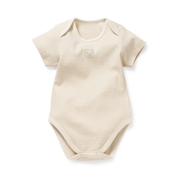 Cream-colored baby onesie with short sleeves and subtle horizontal stripes, perfect for babies. It features a small, simple bear face design on the chest. Crafted as an eco-friendly gift, the onesie includes convenient snap closures at the bottom for easy access.