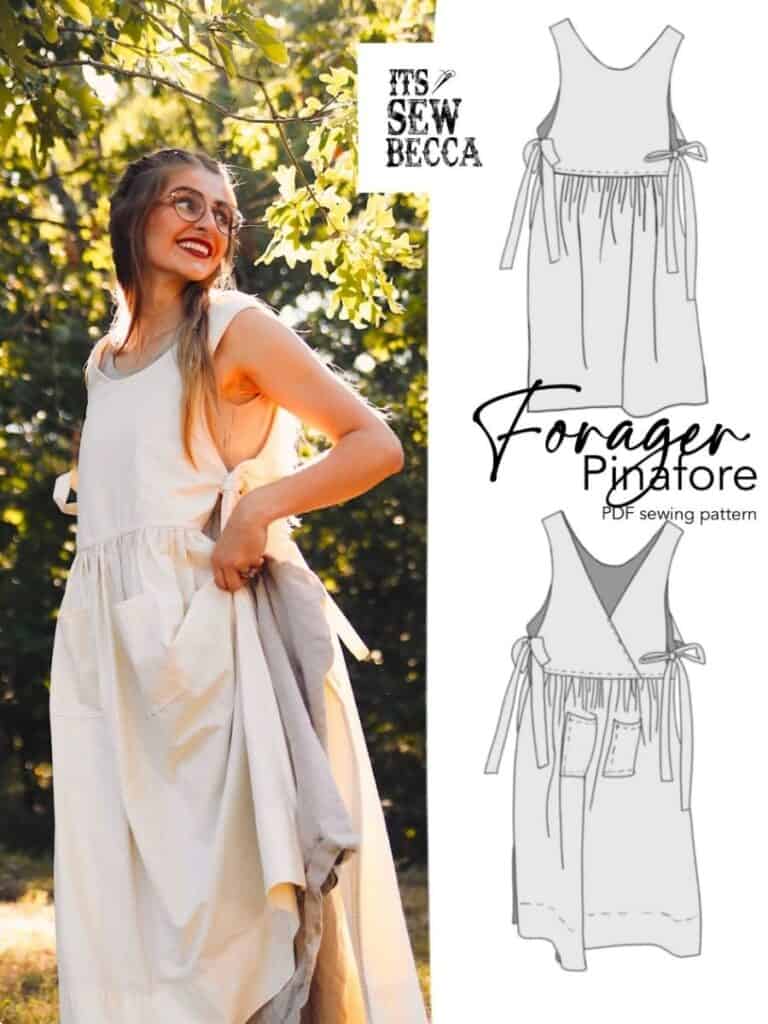 A young woman wearing the Forager Pinafore by It’s Sew Becca, a simple, rustic apron-style dress with side ties and oversized pockets. The accompanying sewing pattern illustration shows the garment’s design.