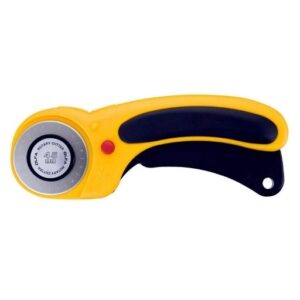 A yellow rotary cutter with a black ergonomic handle and a circular blade. Featuring a red button and marked 45 mm, its designed for precision cutting.