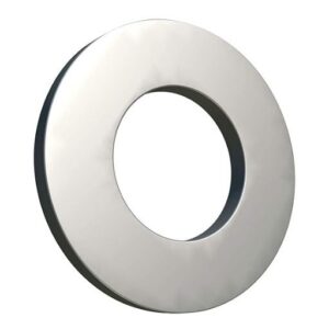 A shiny metal washer with a smooth surface, featuring a large central hole, is viewed at an angle against a plain white background. Steel washers make excellent affordable pattern weights.