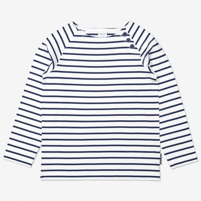 A white long-sleeve Polarn O Pyret shirt with navy blue horizontal stripes, featuring three navy buttons on the left shoulder.