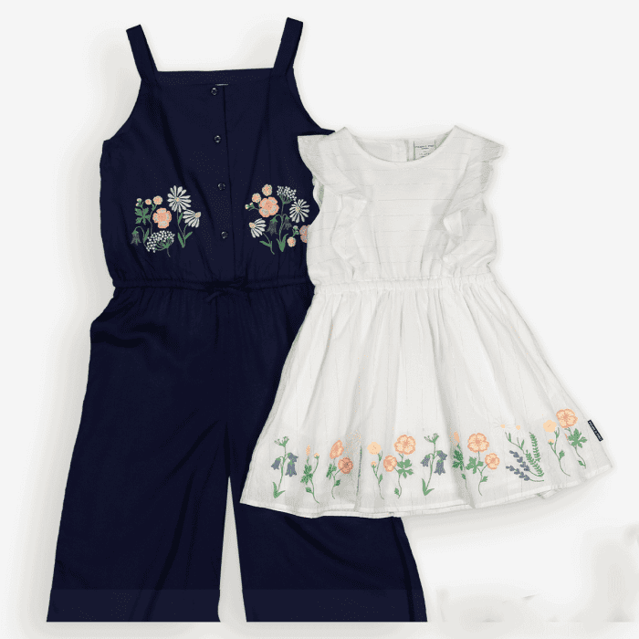 Two sustainable children's outfits: a navy blue sleeveless jumpsuit with floral embroidery on the chest, and a white dress with ruffled sleeves and floral embroidery around the hem.