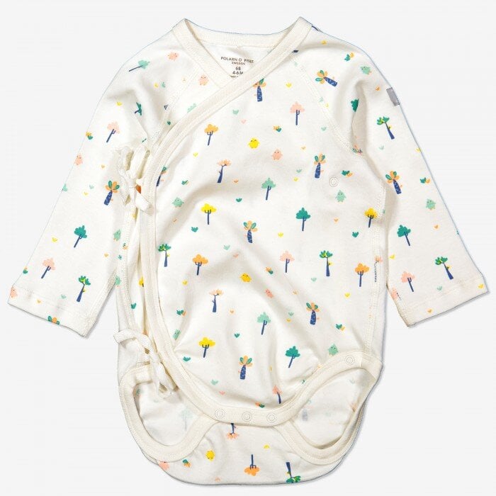A long-sleeve PO.P baby onesie with a wrap-style front, featuring a pattern of colorful trees, umbrellas, and hearts on a white background. The onesie has side ties for closure.