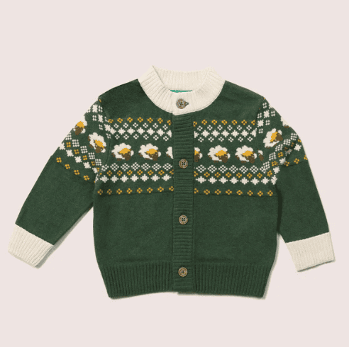A green childs cardigan with a white and yellow fair isle pattern of ducks across the chest and sleeves. It features a ribbed white collar, cuffs, and hem, and has five brown buttons down the front.