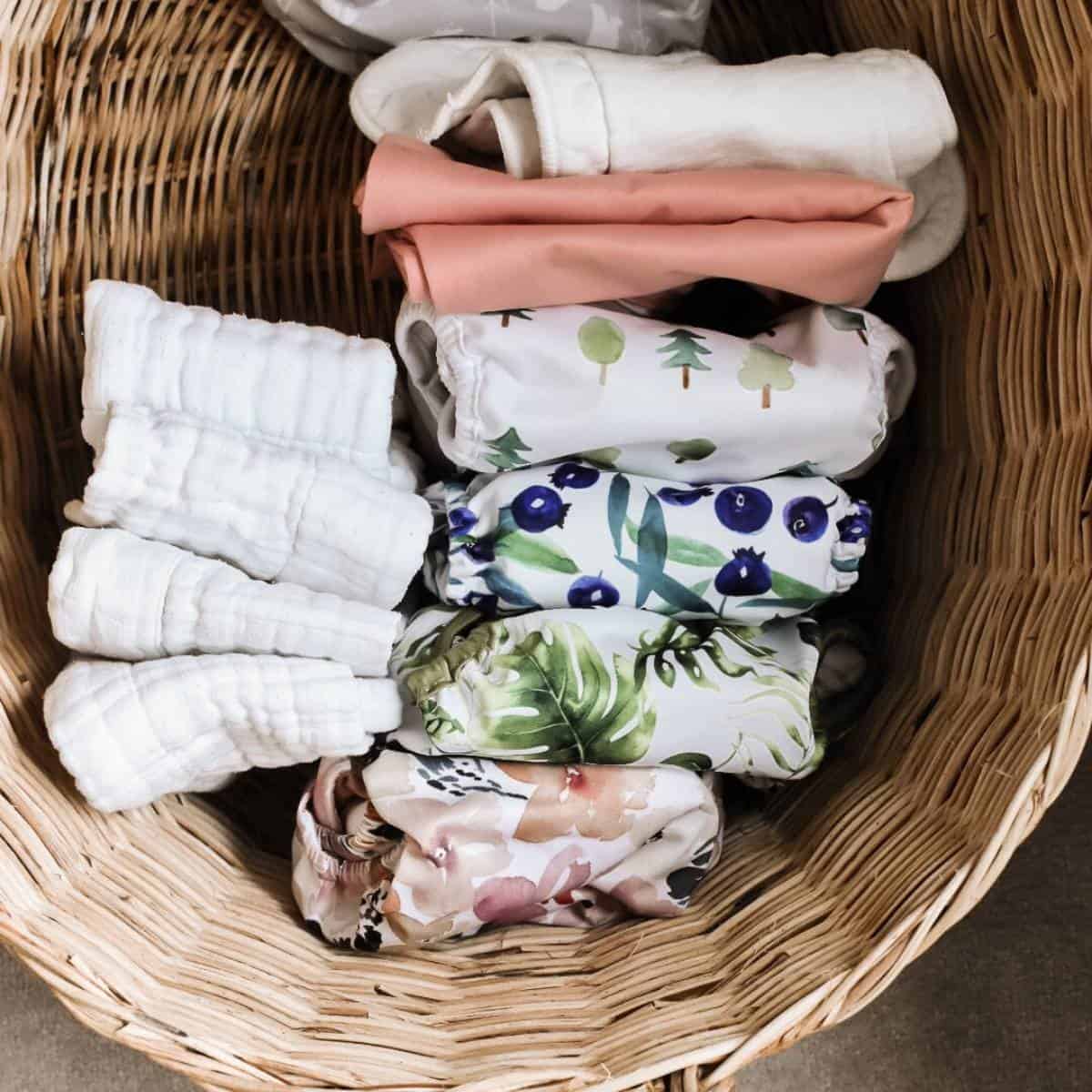A woven basket holds neatly folded cloth nappies, showcasing patterns like solids, trees, blueberries, and leaves. Among them are plain white options.
