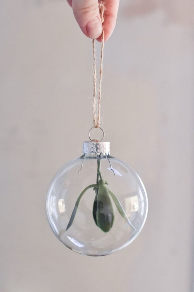 A hand delicately holds a clear glass ornament with a mistletoe leaf inside, an easy DIY bauble project. The ornament hangs from a loop of twine against a softly blurred, neutral backdrop.
